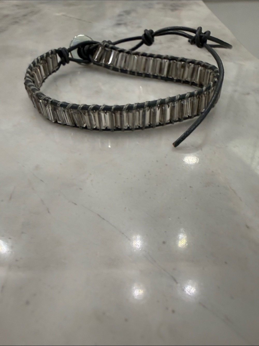 Victoria Emerson Smoky Crystal and Black Leather Wrap Bracelet